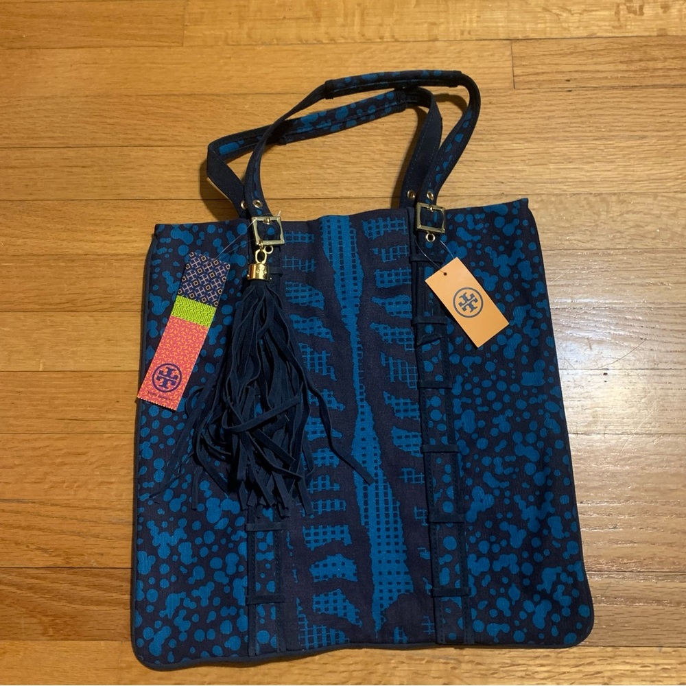 Tory Burch Sawla Tote Canvas Shoulder Bag Blue Printed Tassel Style 21109871